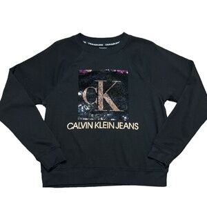 Calvin Klein Jeans Long Sleeve Flip Sequin Black Top Crew Neck Sweatshirt